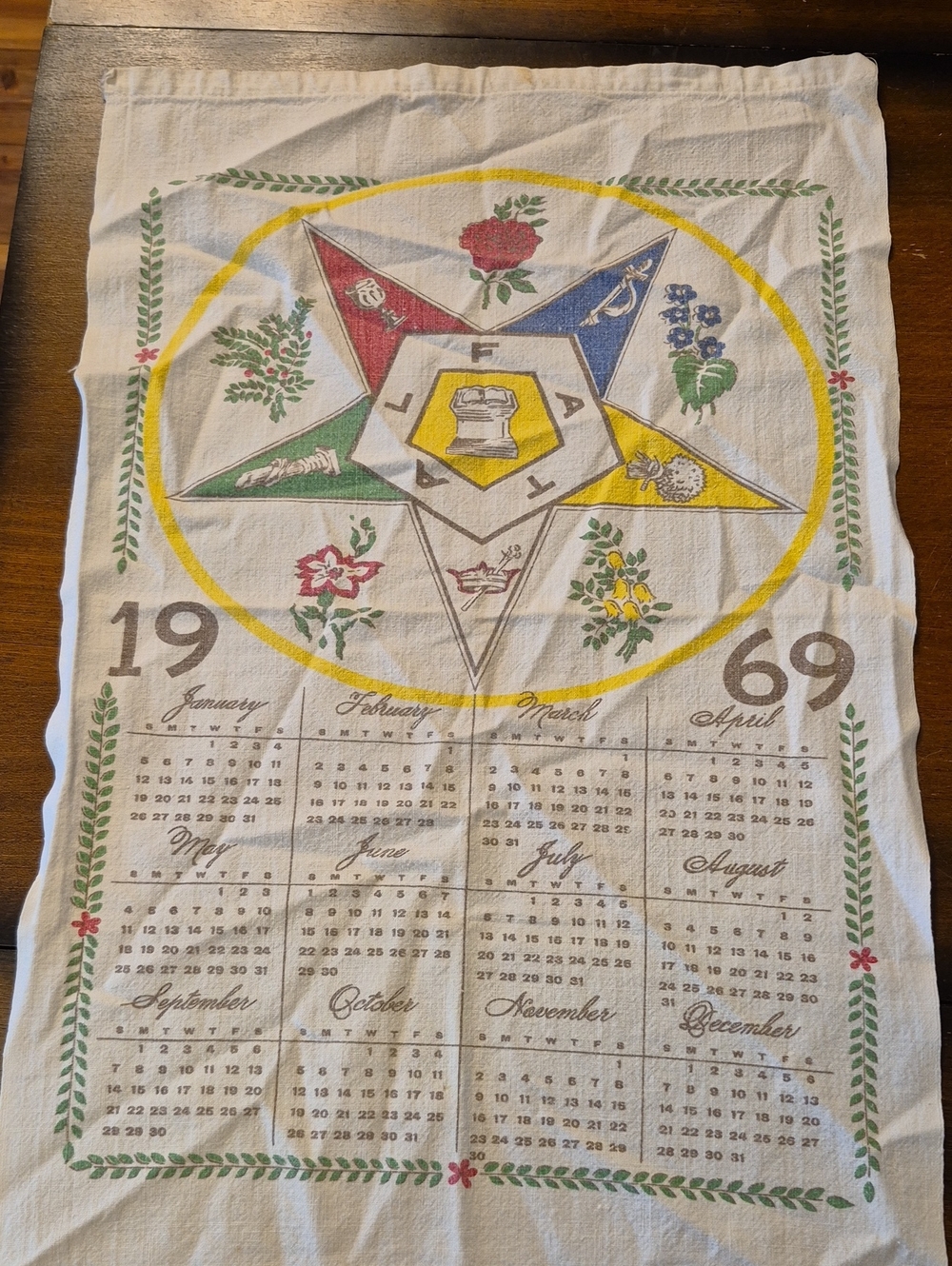 Vintage 1969 Order Of The Eastern Star Linen Tea Towel Calendar Linen Calendar